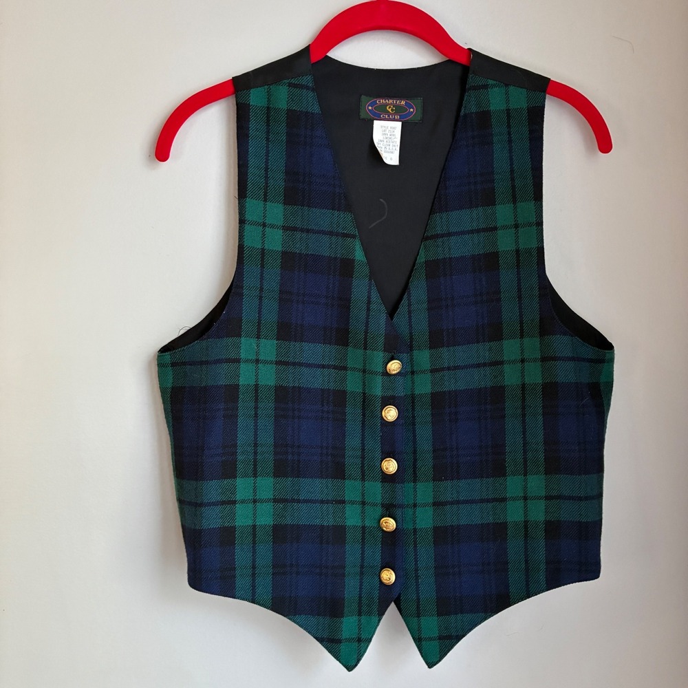 VTG Charter Club Black Watch Tartan Vest Womens 6 Dark Academia Preppy Old Money